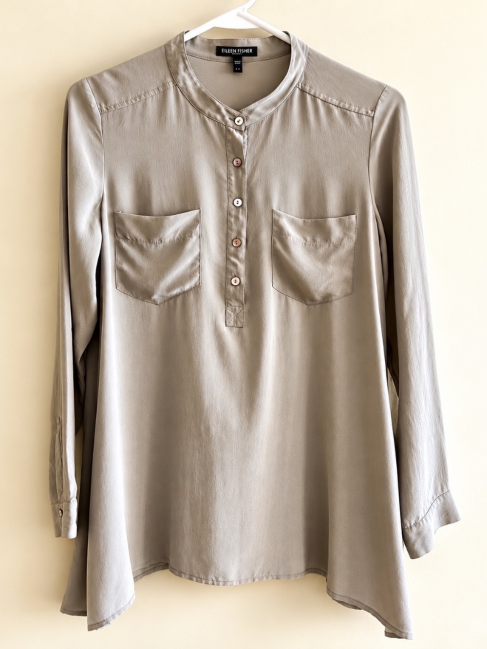 Eileen Fisher PS 100% Silk Gray Mandarin Collar Henley Asymmetrical Tunic Top